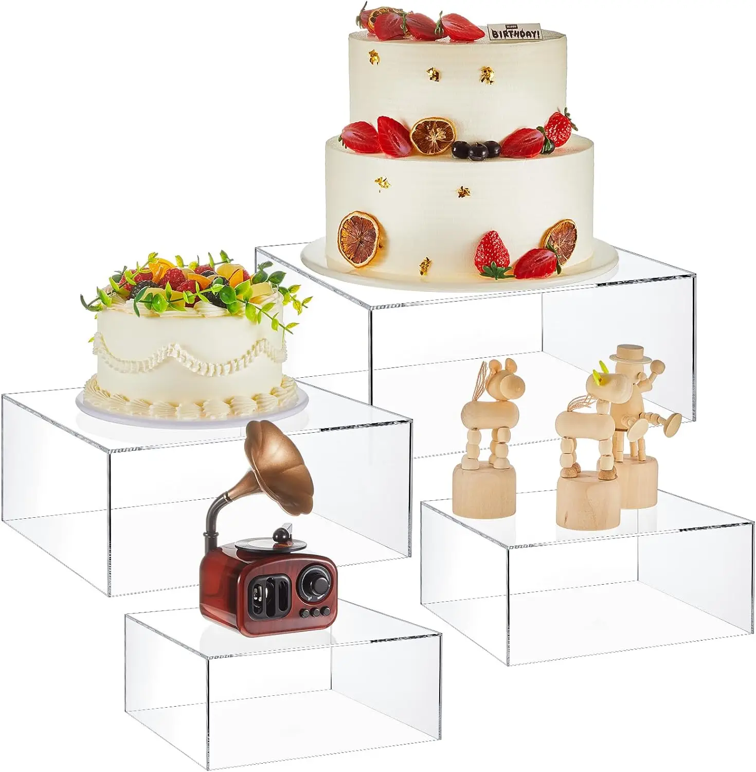 Acrylic Cube Riser 5 Sided Acrylic Nesting Risers with Hollow Bottoms Buffet Risers , Food Display Stands for Party