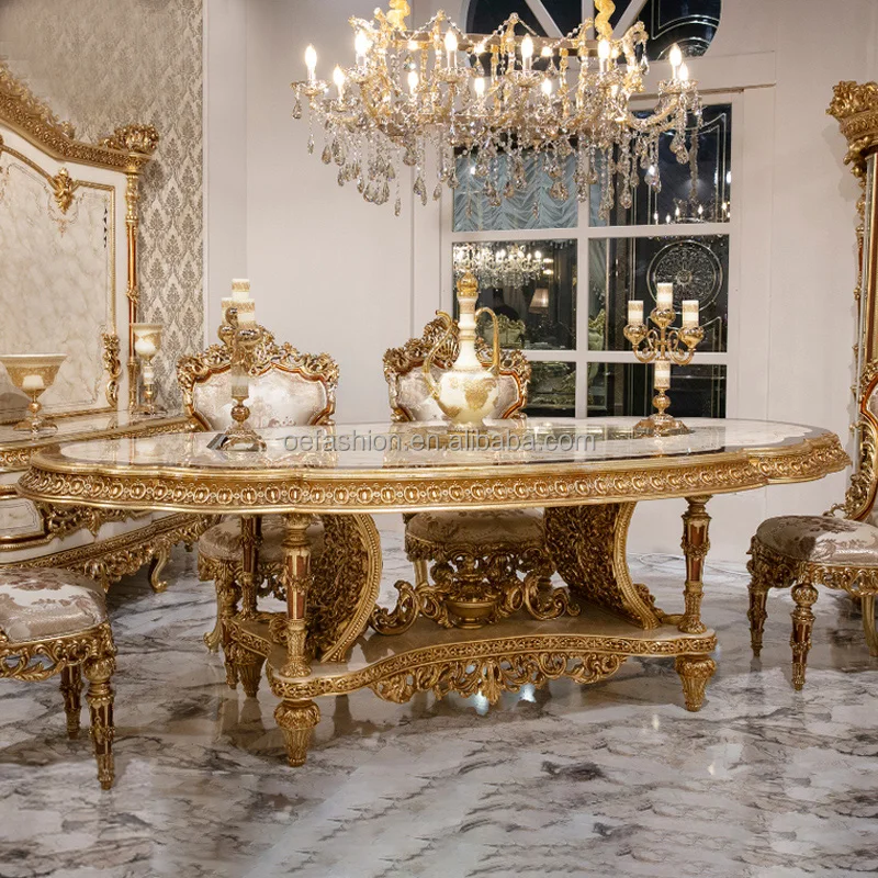 OE-FASHION custom Luxury European style solid wood carved large dining table for villa home furniture