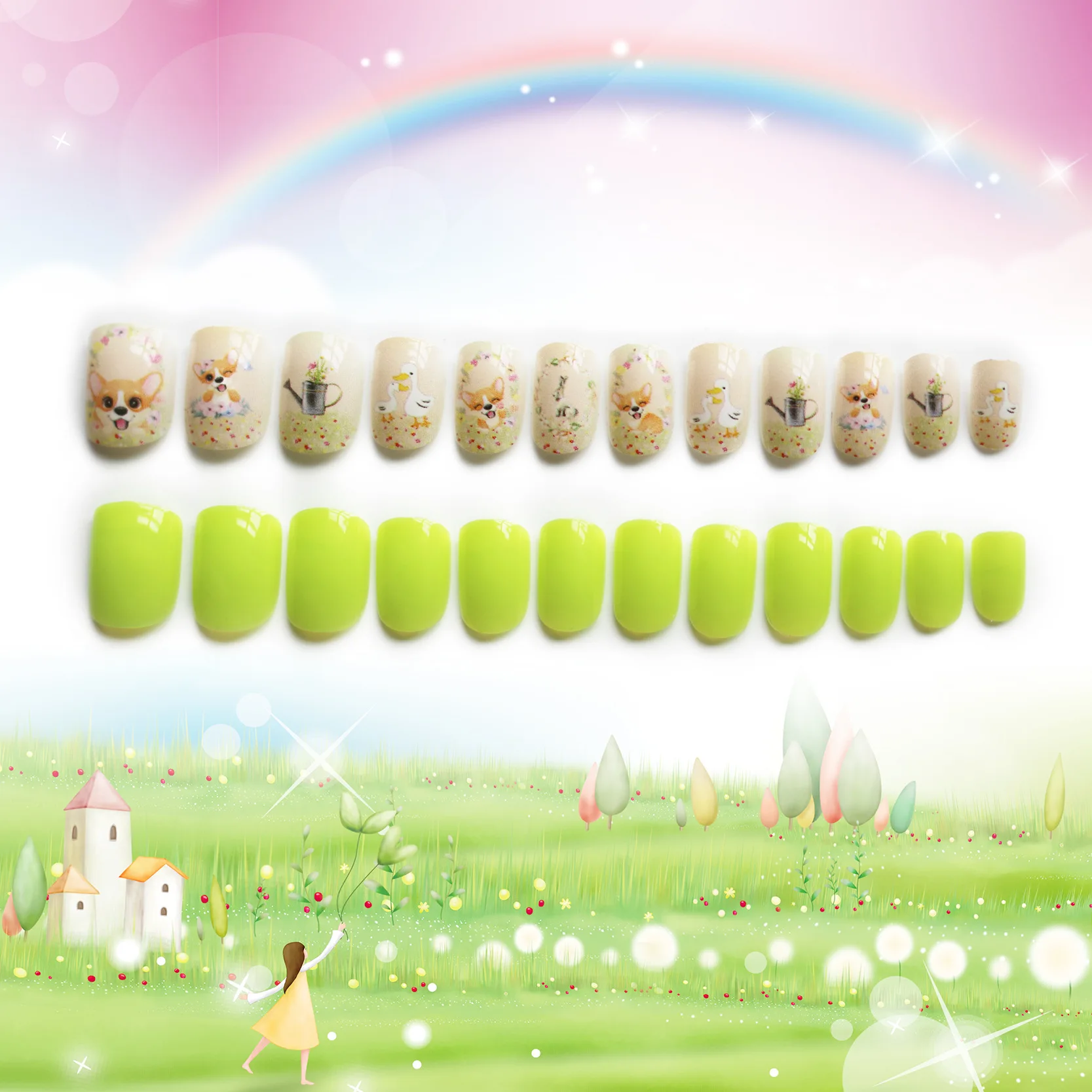 Purple And Anime Print Press On Nail Tips Short Squoval Fake Nail For Kids