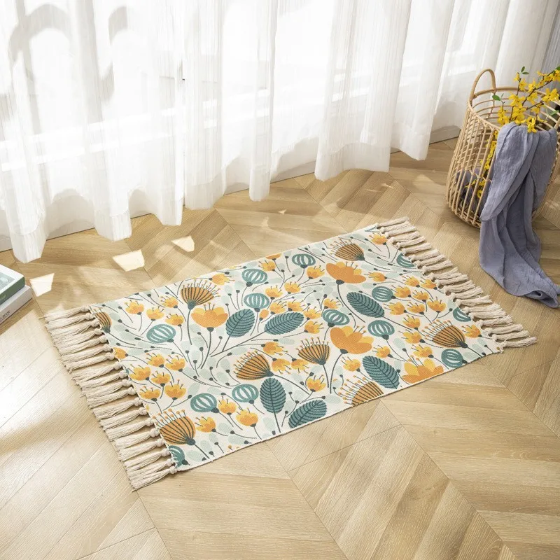 60*90cm Boho Geometric Plant Flower Animal Printed Rug Decorative Cotton Rope Hand Woven Floor Mat with Tassels