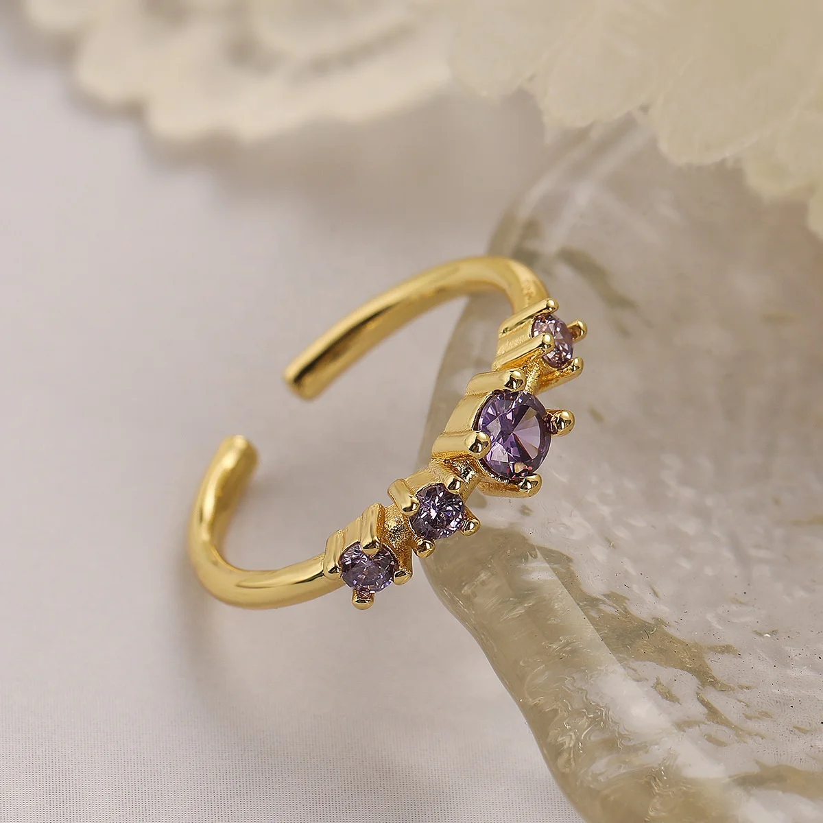 Mixed Order Jewelry Colourful Gemstone Ring Amethyst Wholesale Chinese Jewellery Plated 18K Gold Geometric Open Ring Women