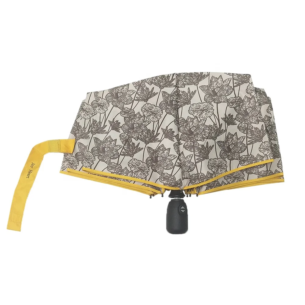 Lotus Flower Pattern Fabric Fully Automatic Three Folding Umbrella With Customized