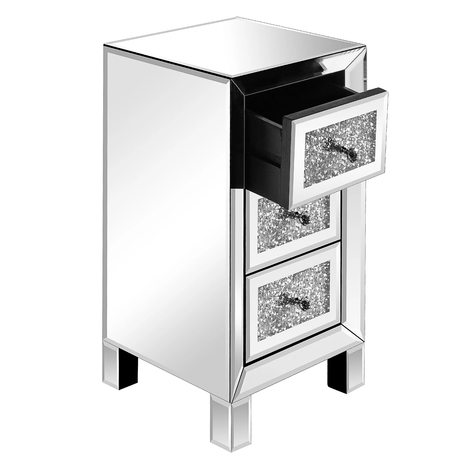 Bedroom Mirrored Furniture Contemporary Mirrored Nightstand with 3 Crystal Diamond Drawers for Bedroom Mirrored Bedside Table