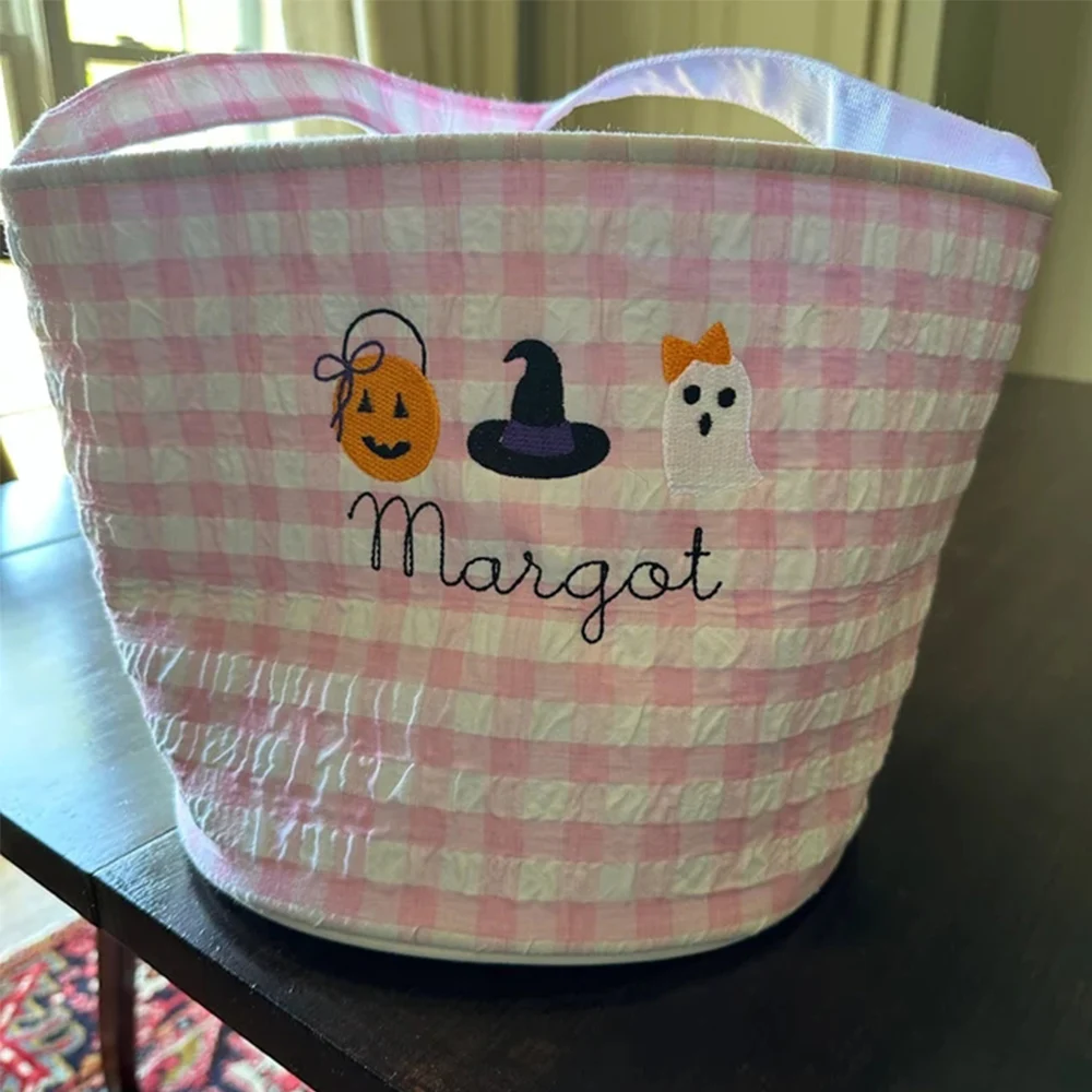 Trick or Treat Kids Tote Candy Bags Basket Pumpkin Ghost Embroidered Blank Gingham Halloween Bucket