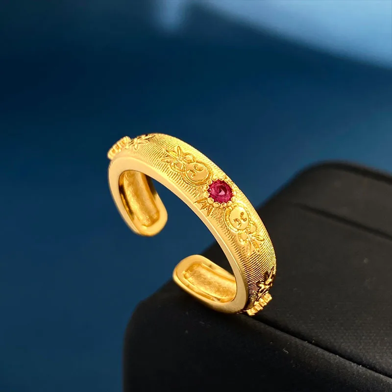 Palace Medieval Carved Brushed Inlaid Small Round Diamond Adjustable Women Ring