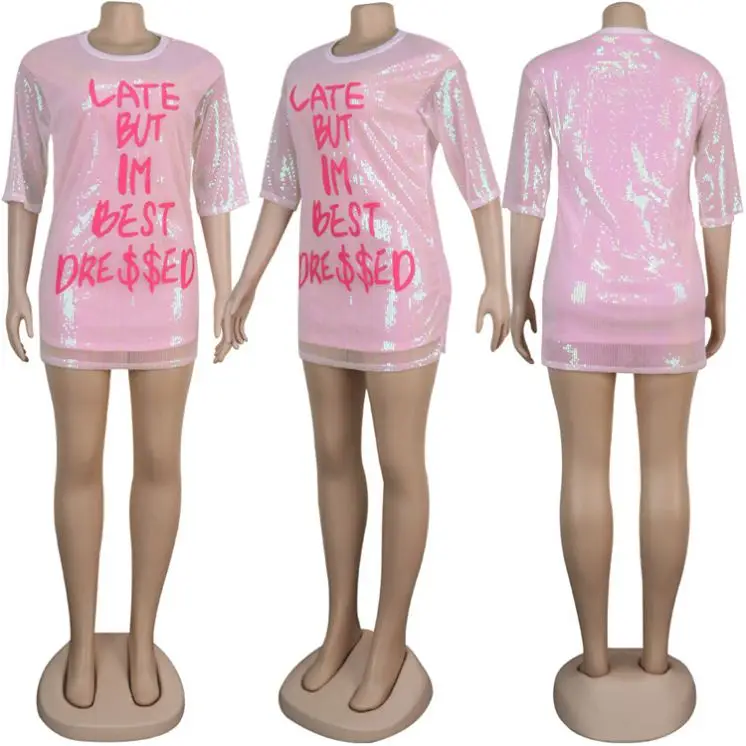 
new style women long sleeve round neck print letter sexy mini clubwear sequin dress Sequin Lady Sexy Dress 