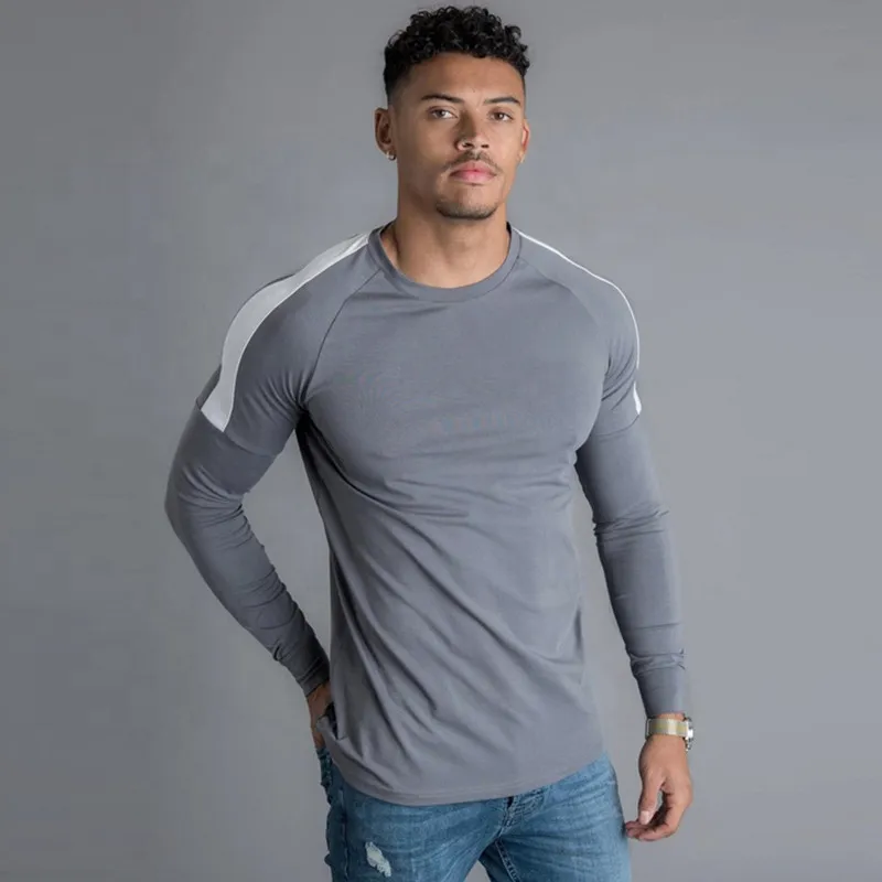95 cotton 5 elastane long sleeve round neck gym t-shirts males compression long sleeve gym shirts for men