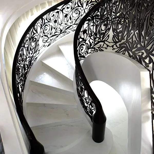 Fancy design matte white curved steel stringer marble/wood steps with led lights stairs with wrought iron railing system