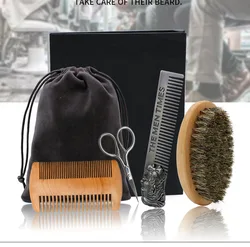 4 pcs boar beard brush and comb men grooming kit shaving set