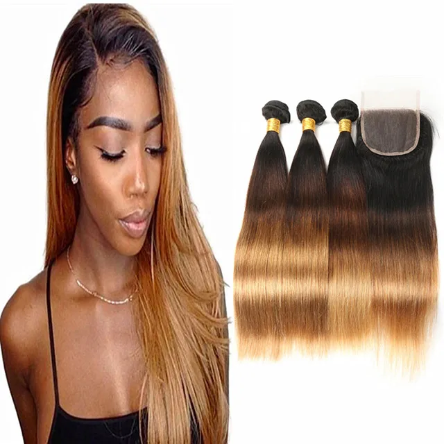 Ombre 1b 4 27 Color Bundle Deals, Brazilian Virgin Cuticle Aligned Human Hair Wholesale Price for 3 Bundles with 1 Lace Closure
