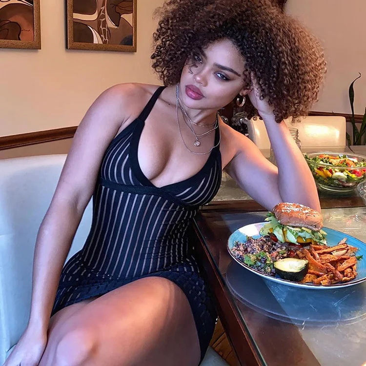 YH2063 2020 Trendy Popular Women Summer Casual Backless See-through Striped Dress