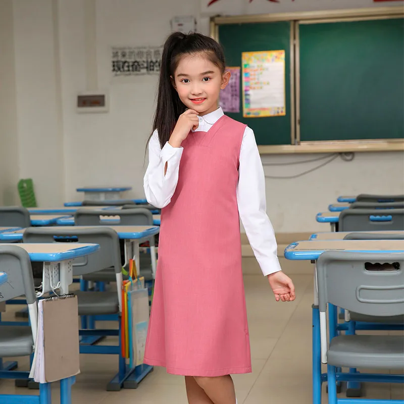 OEM Factory Primary School Student pink Sleeveless Secondary School Uniform Girls Pinafore Dress With Custom Logo