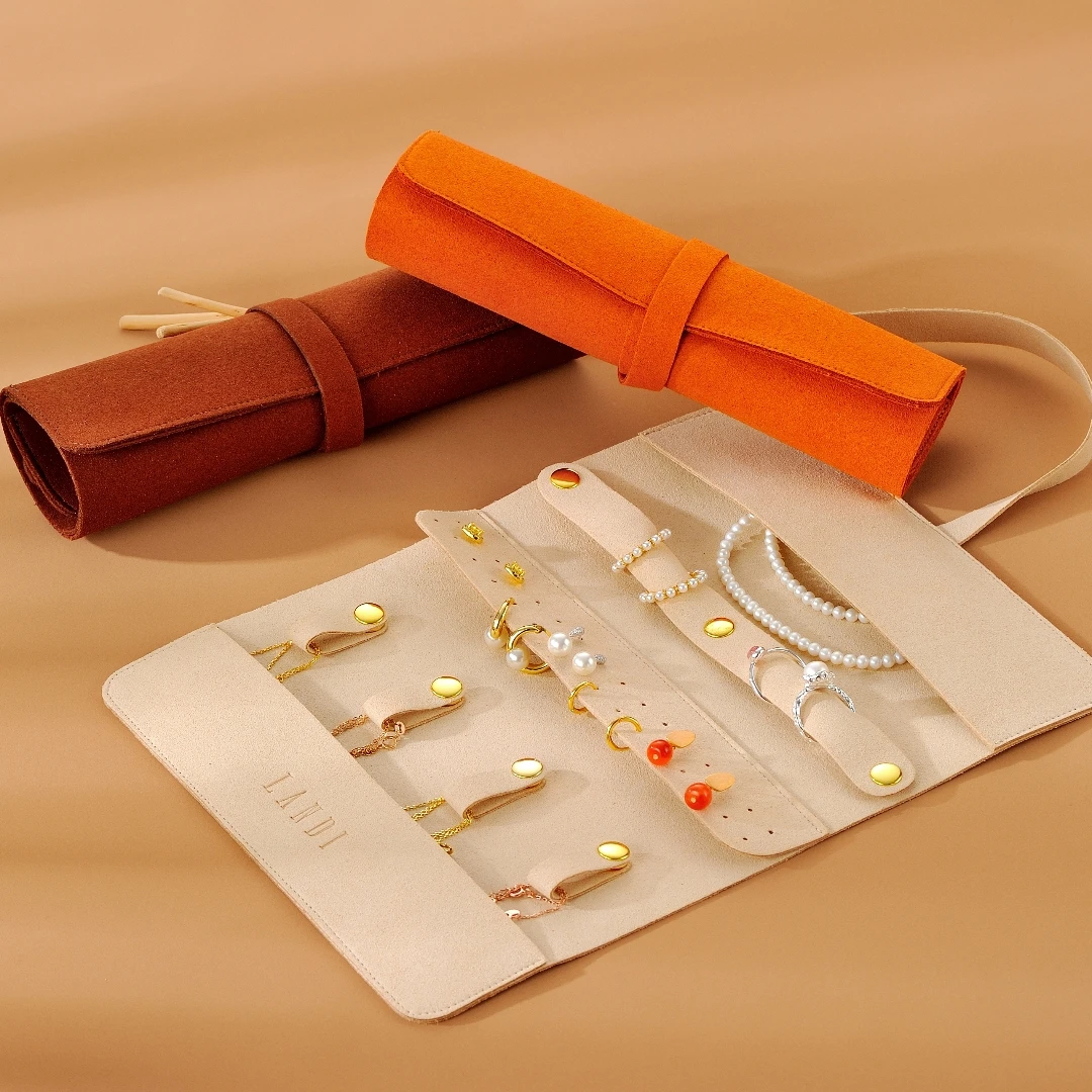 Landi Custom Logo Luxury Jewelry Organizer Roll Up High Quality 1.4mm Microfiber Travel Jewelry Storage Organizer Bag Pouch