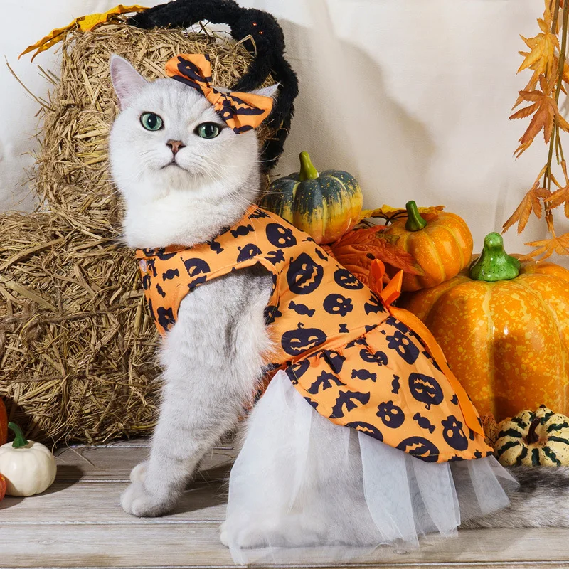 Halloween Dress For Pets Pumpkin Print Dog Cat Dress Pet Halloween Costume
