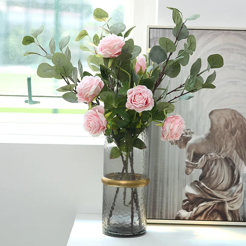 Nordic Style Eucalyptus Gold Leaf Long Stem Green Plant Rose Art Centerpiece Flower Arrangement Home Decoration