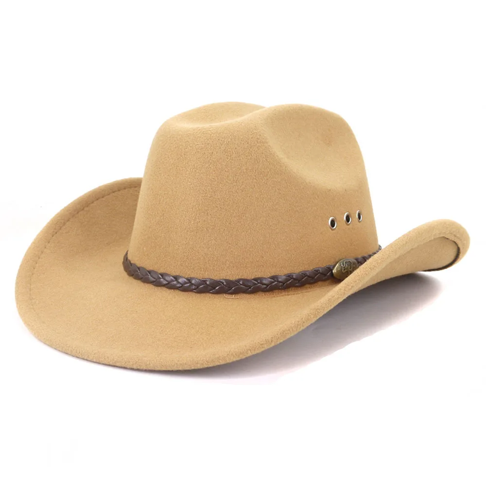 Wholesale wool felt roll up wide brim cowboy hat with PU ribbon custom logo brand fashion Mexican fedora bucket hat