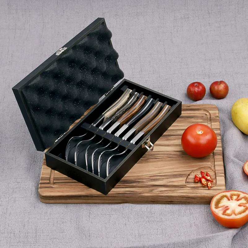 6pcs factory direct sale stainless steel laguiole steak fork with wooden handle Packaged in a Wooden Box Home Kitchen Use