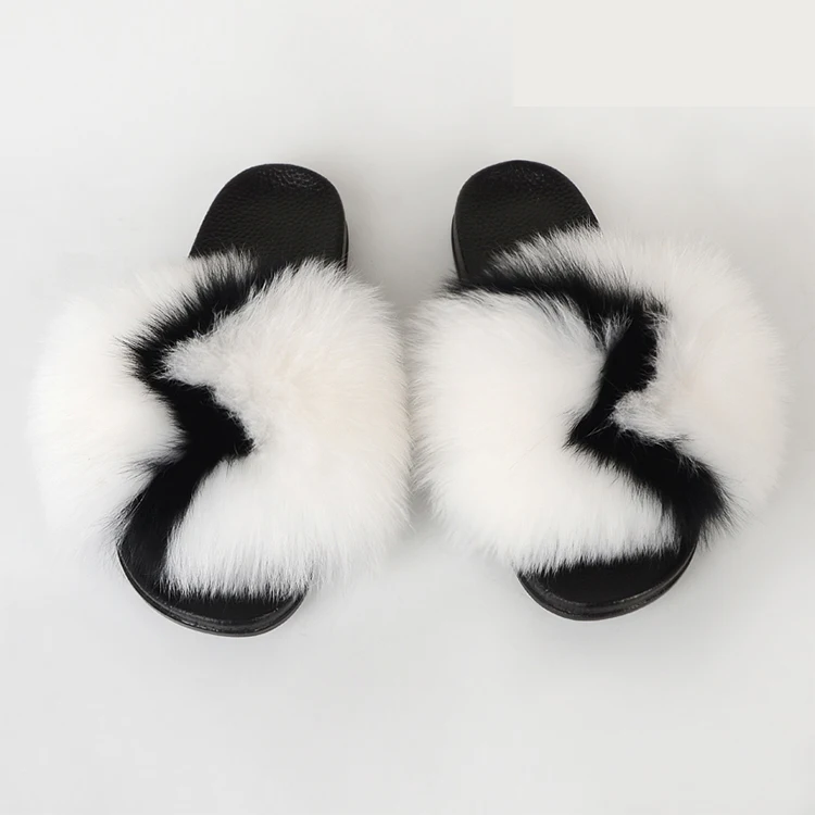 fur slippers with customized logo real  fox fur slides very beautiful  women and baby sets