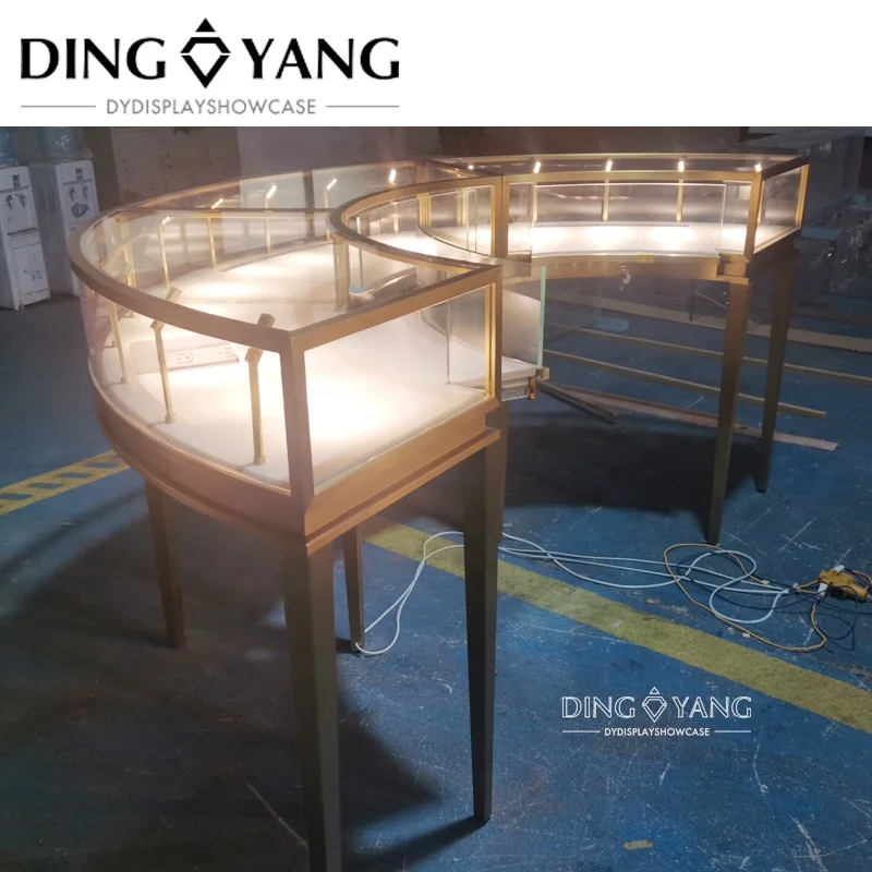 Factory Custom Made Luxury Hairline Golden Jewellery Display Showcase,Luxury Jewellery Showcase For Sale