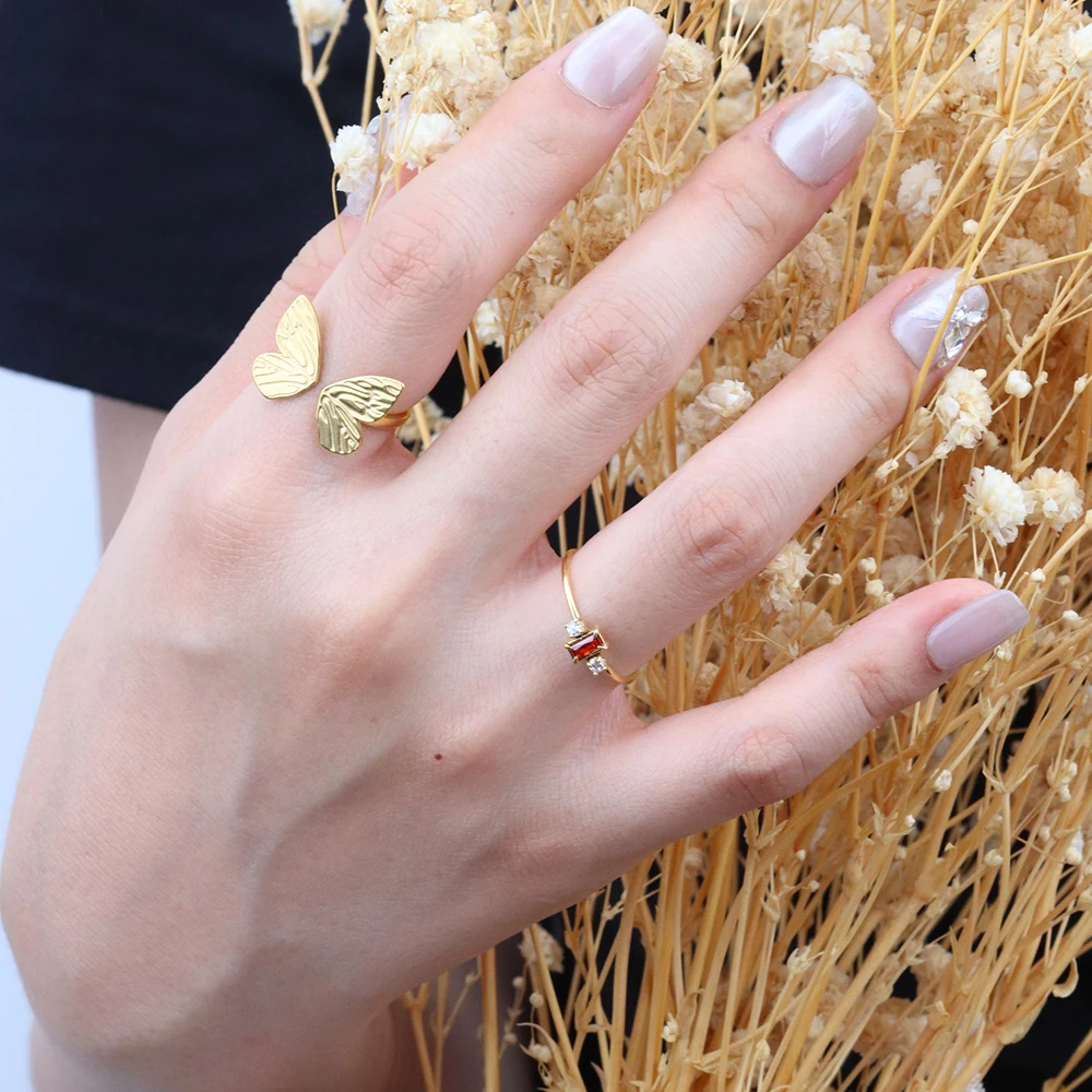 Chris April 316L stainless steel garnet zirconia signet thin spring gold ring