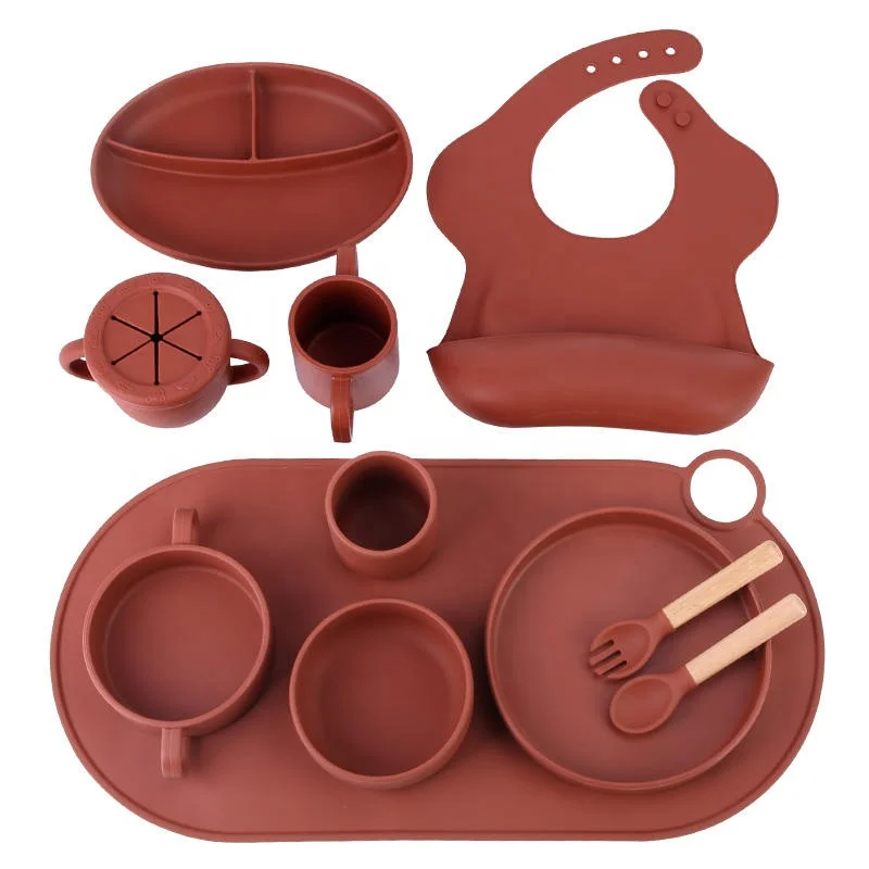 Toddler Snack Food Tableware Dinner Dish Baby Feeding Supplies Suction Silicone Cup Bib Plate Bowl Spoon Set