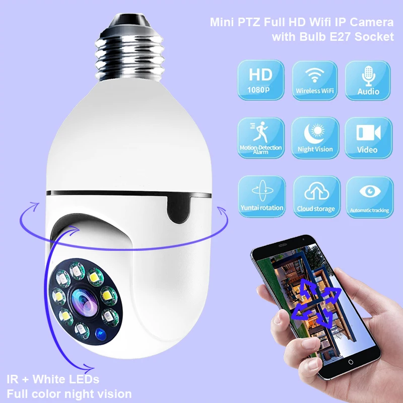 Full Color Night Vision 1080P CCTV Camera cloud Two Way Talk Auto Tracking Security Cam PTZ WiFi Light bulb Camera