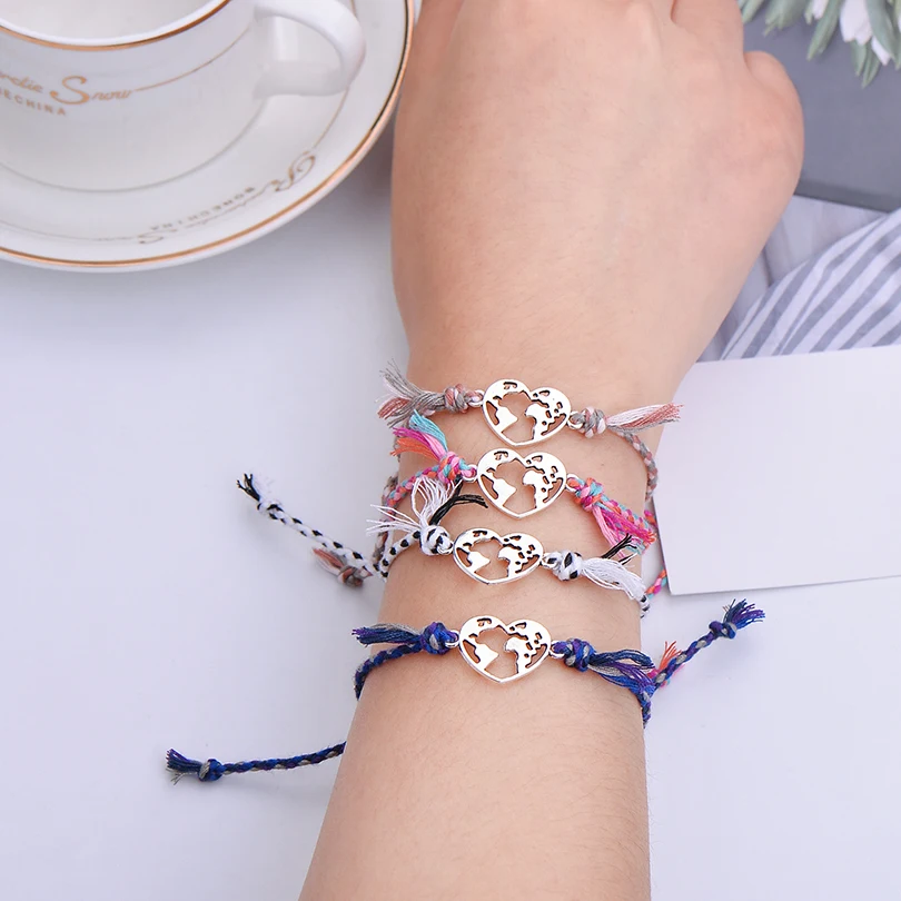 Bohemian Style Rope Braided Heart Bracelet Lover Couple Best Wishes World Map Charm Bracelets Women Wish Jewelry Gift