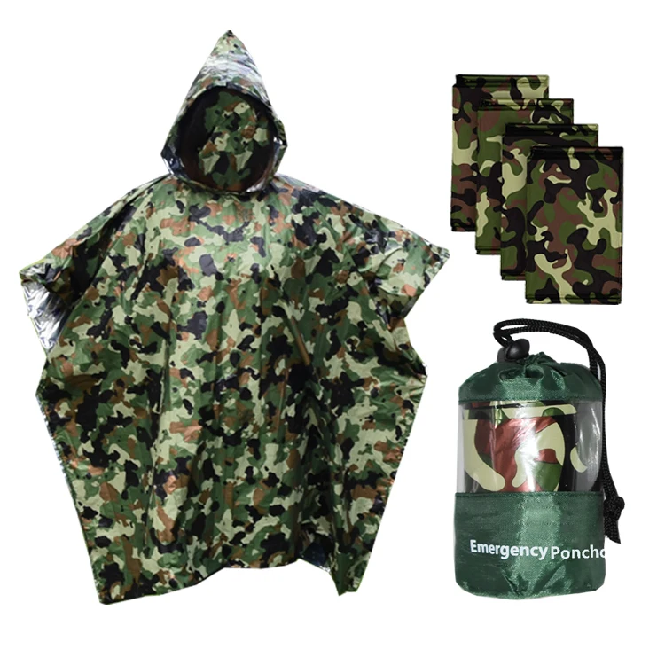 Многоразовый полиэтиленовый дождевик с капюшоном для взрослых, светоотражающая теплоизоляция, камуфляжное аварийное пончо из алюминиевой фольги для выживания