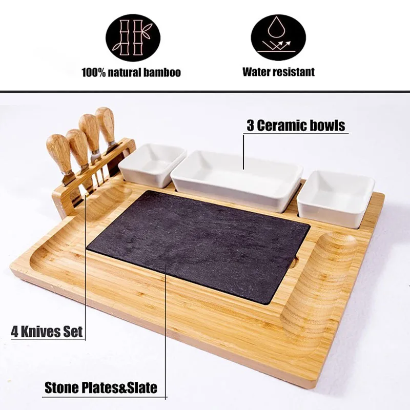 Natural 4 Knives Slate Stone Cutting Boards Platter 3 Ceramic Bowls Knives Set Bamboo Cheese Board