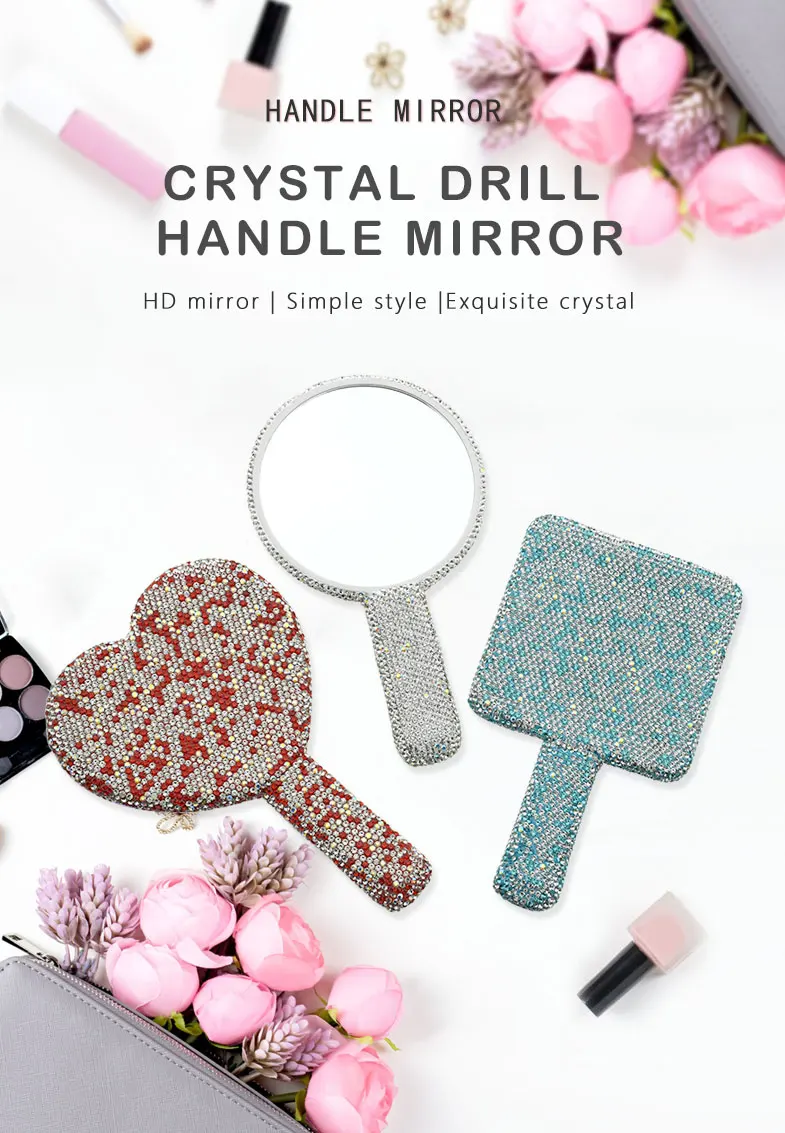 Luxury Heart Shape Hand Held Crystal Mirror For Makeup Cosmetic in Rhinestones