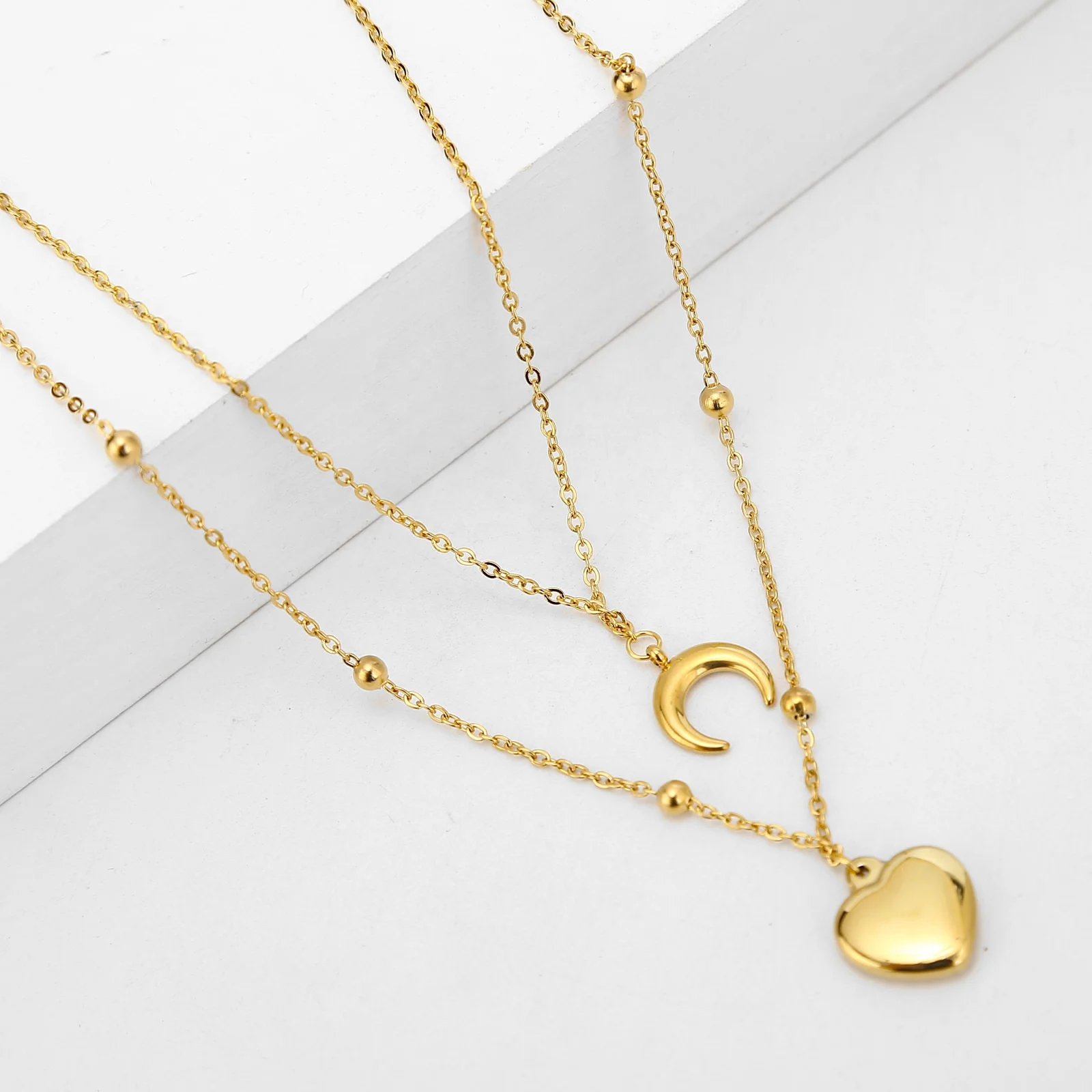 Customized Geometric Metal Stainless Steel Zircon Double Layers PVD Plated  Women Heart Necklace