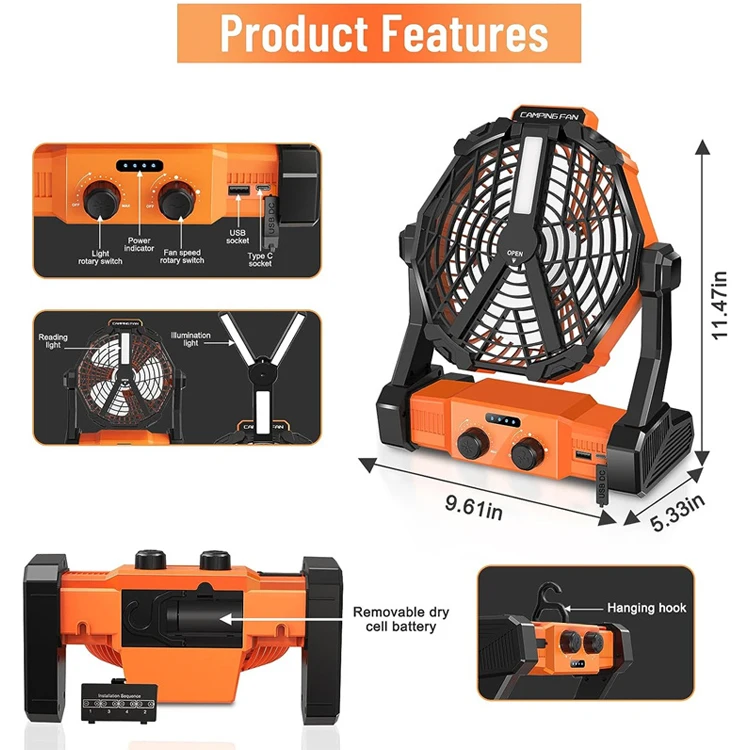 270 degree Rotation Reading Lamp Emergency cell phone charging Outdoor Travel Tent Fan with Hook Ceiling Fan outdoor fan for cam