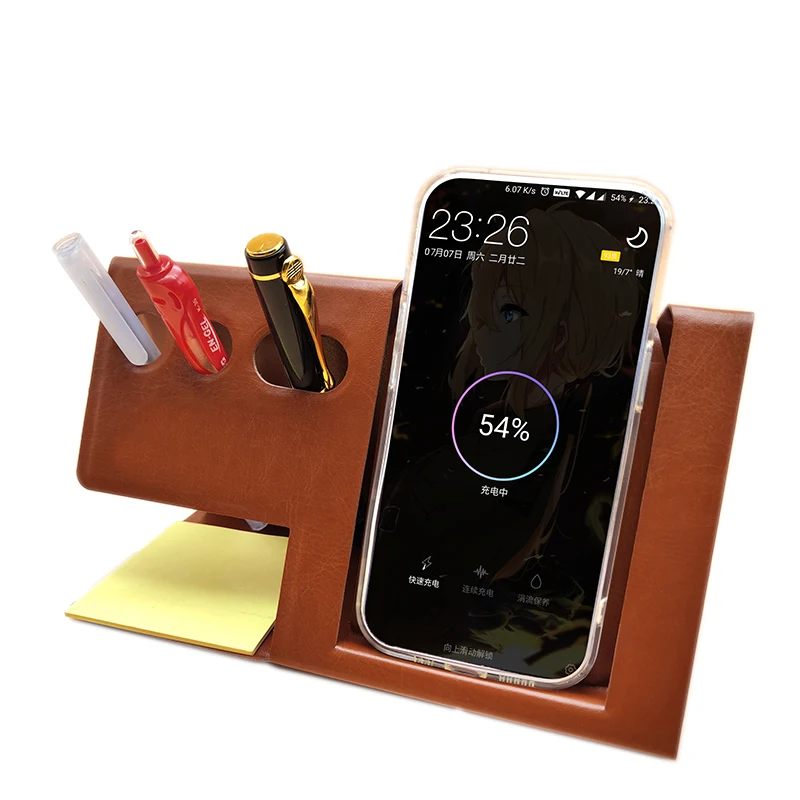 Desk Organizer Pu Leather Cheap Pen Holder Charger Wireless Pen Holden Stand With Wireless Charger