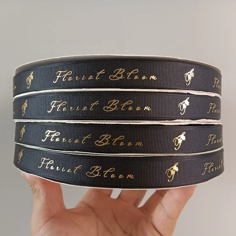 Luxurious Luokai own brand name printed raised gold foil printing white satin ribbon with logo