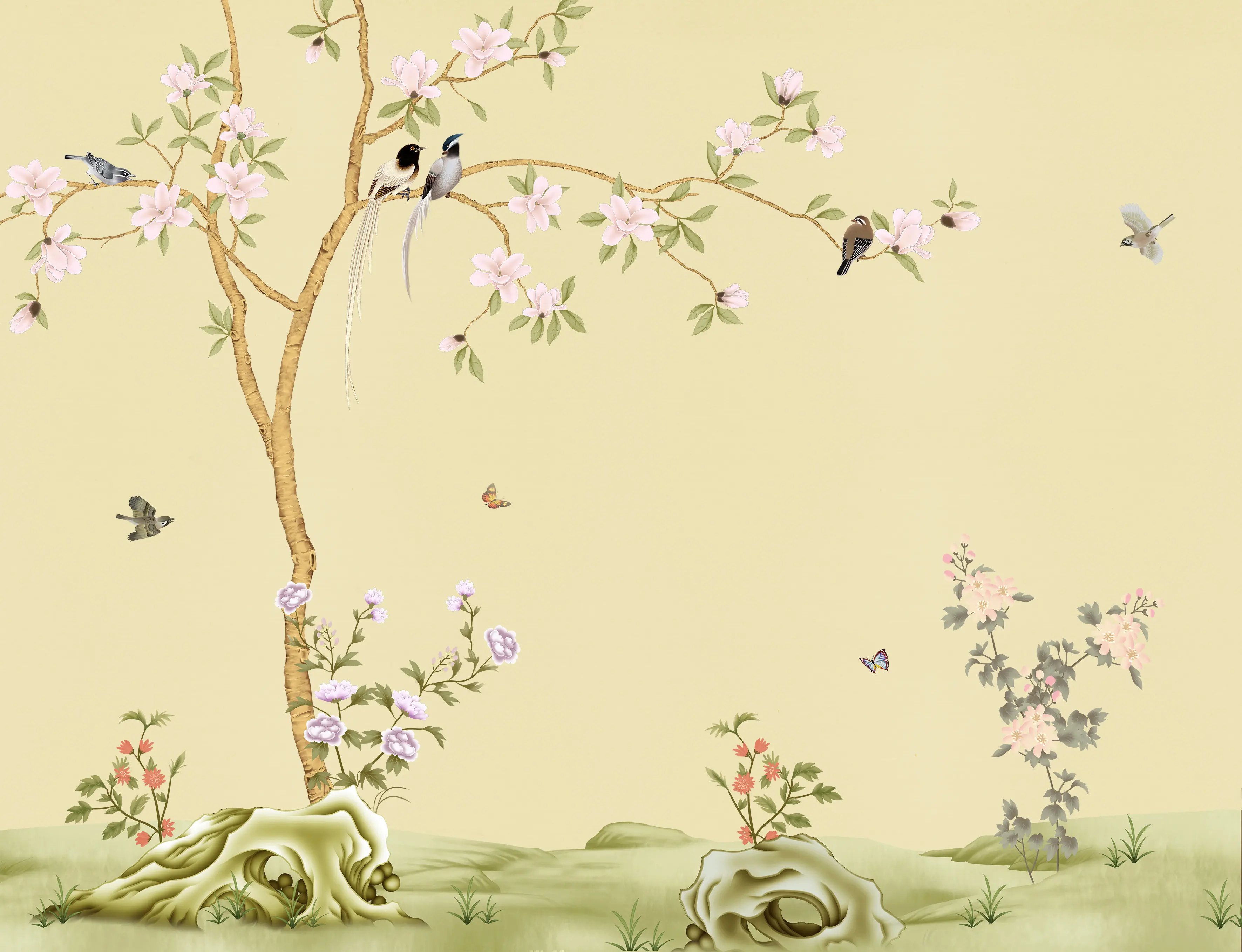 Luxury Interior Wall Decor Floral Long Tail Bird Design Silk Chinoiserie Handpainted Wallpaper