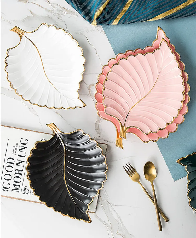 Unique fruit salad dishes leaf shaped ceramic dessert plate gold rim serving plates set for home decor