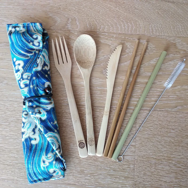 
6pcs Travel Bamboo Cutlery Set With Straw 