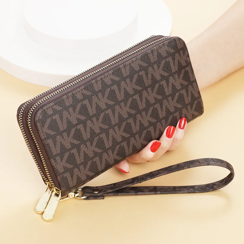 Hot sale Ladies clutches long wallet with zipper cell phone leather women mobile phone purse case with wristlet strap