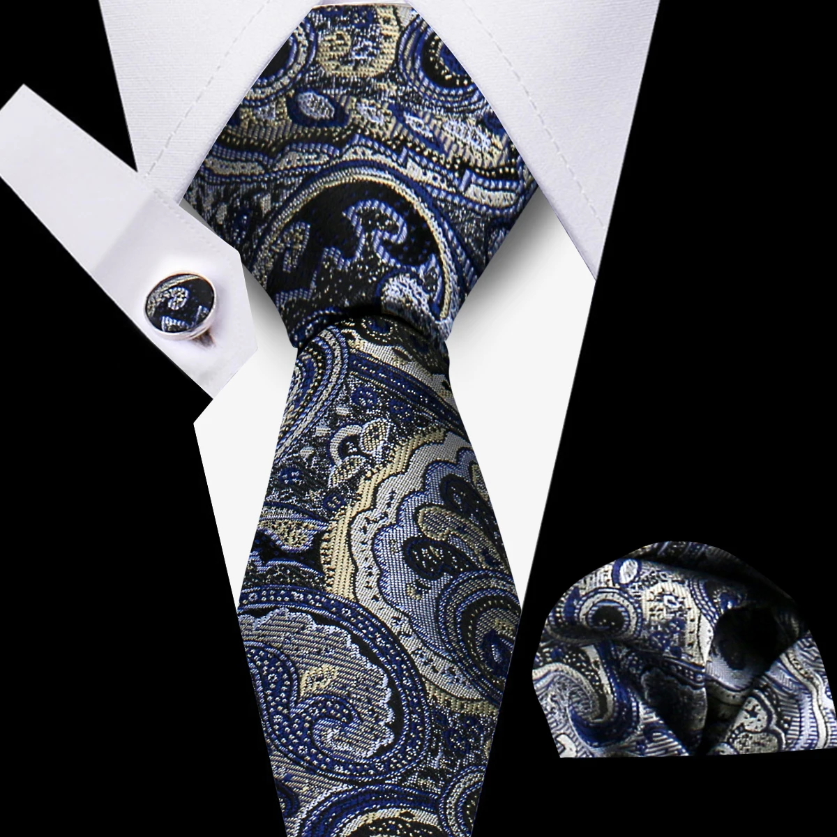 Necktie Set Fashion Blue Tie Pocket Square With Cufflinks Gift Sets Silk Ties For Men Paisley Necktie Hankies For Man Wedding