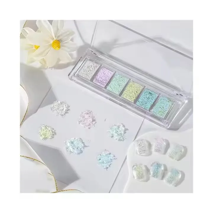 Destly 6 Colors Bling Mud Solid Nail Glitter Powder Shiny Reflective Aurora Mermaid Pigment Opal Flake Chrome Powder