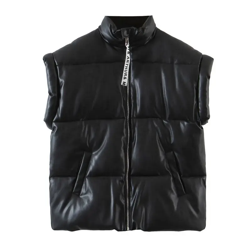 Wholesale summer new solid color bread imitation leather loose zipper cotton black puffer vest women