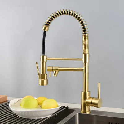 Brushed Gold Deck Mounted Two Ways Water Mode Spring Taps Pull Down Desk UPC Sink Mixer Kitchen Faucet