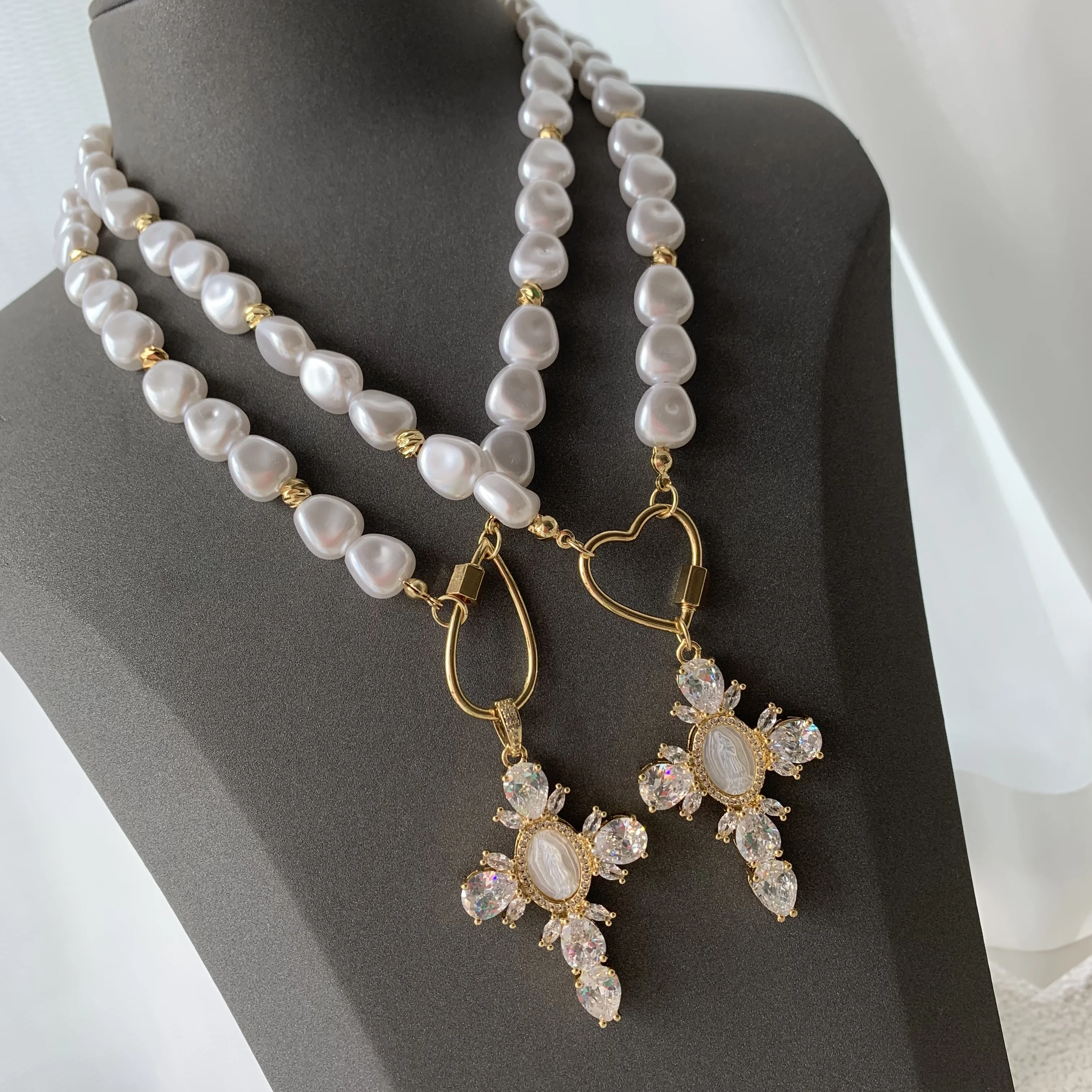 LS-L3292 Beautiful pearl necklaces women men fine jewelry gold clasp necklaces cubic zircon cross Virgin Mary necklaces