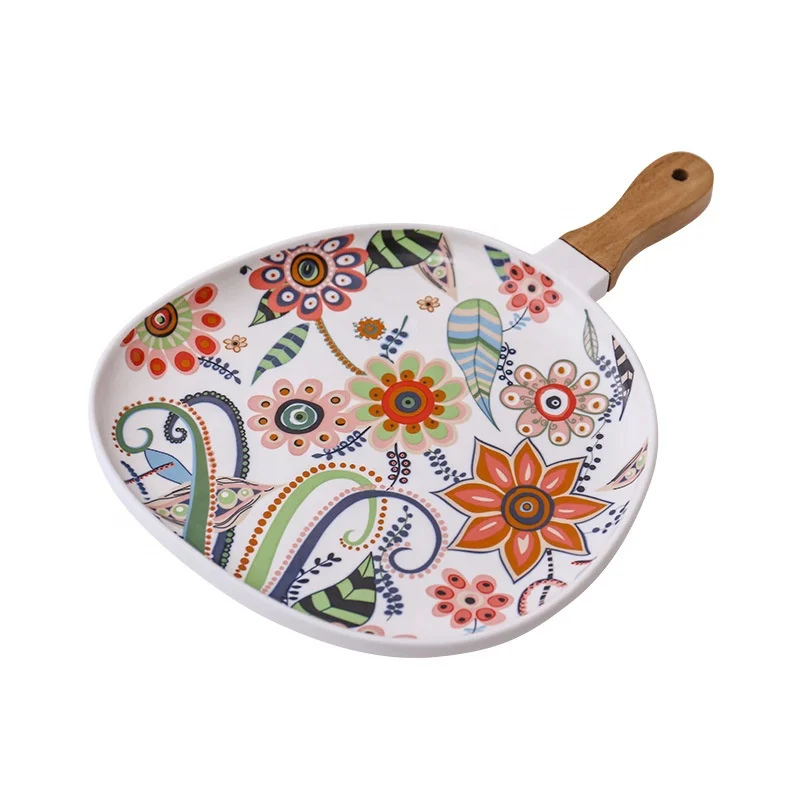 High quality ceramic tray serving plat wooden handle Fine bone china serving tray with hand paint flower