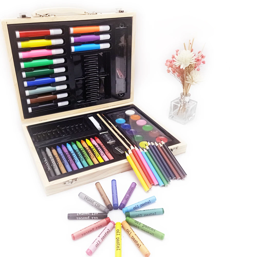 2021 Great Gift Wooden box 70pcs wholesale school supplies Stationery art Set for kids
