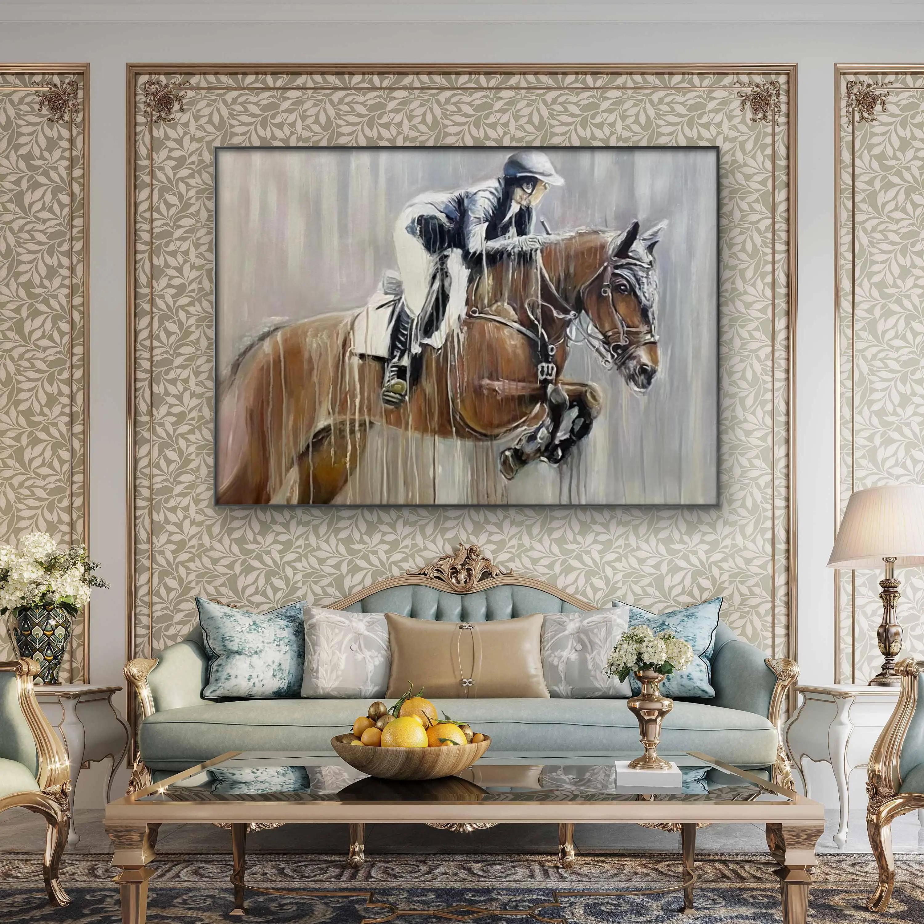 Hand drawn modern style restaurant decoration painting porch sofa background hanging painting abstract horse ridingoil painting