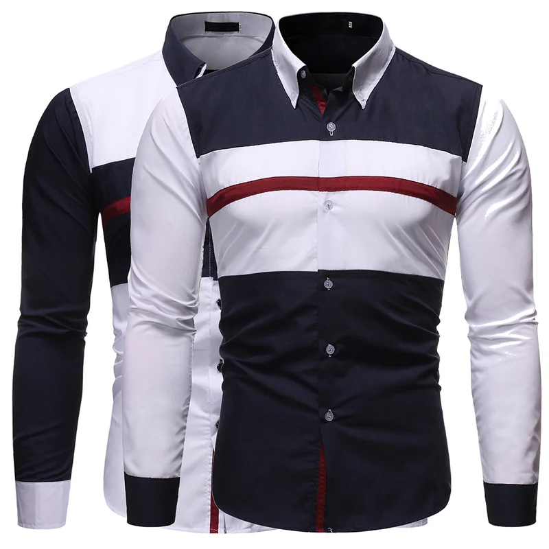 Free Shipping Color Stripe Block Long Sleeve Casual Business Men Shirt