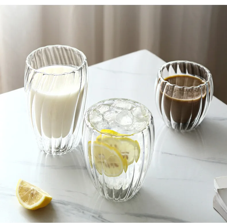 Wholesale Simple Vertical Stripe Coffee Milk Juice Transparent Double Wall Borosilicate Glass Cup
