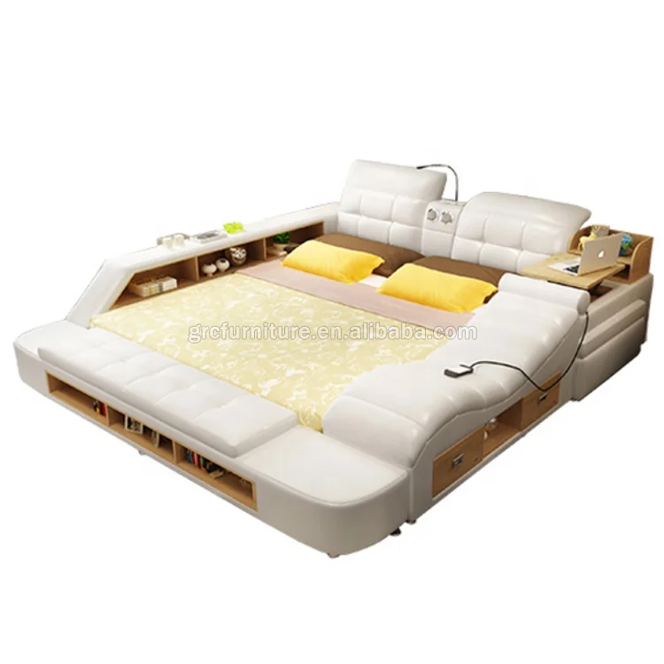 Modern multi function massage bed with music USB white leather beds tatami bedroom furniture