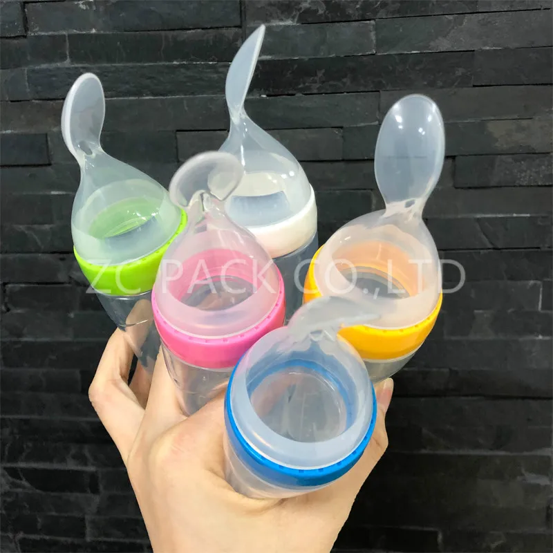 Amazon Hot sale BPA Free Food Grade Silicone Feeder Baby feeding bottle with spoon